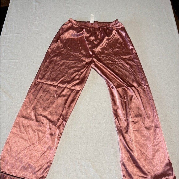 Womens Satin Pajama Set Long Sleeve Button Down Top Pants Sleepwear Rose Gold L - Picture 2 of 9